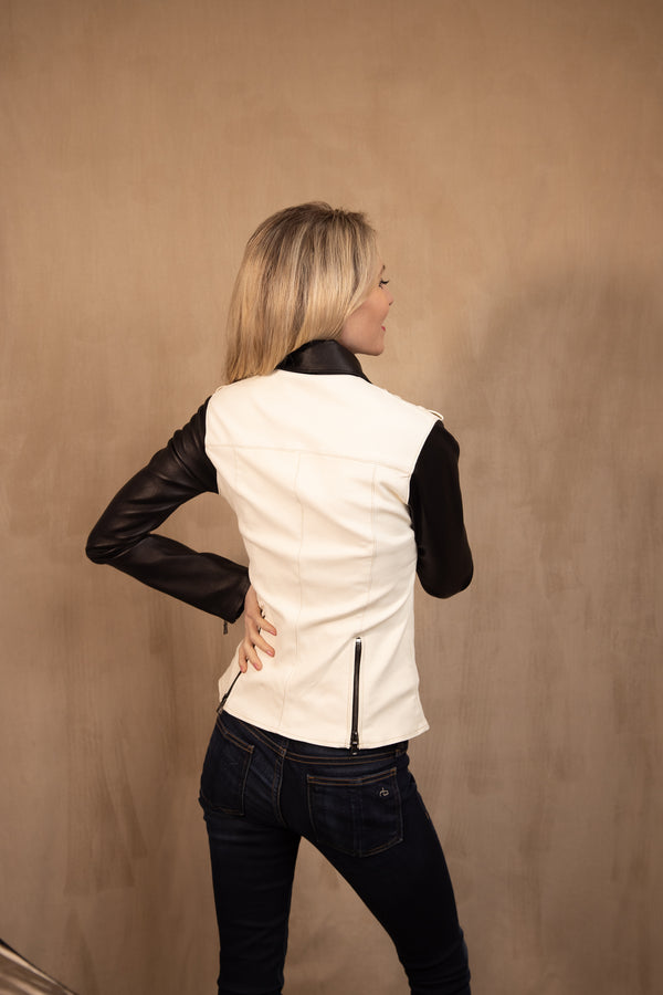 Chaqueta de motociclista elástica en blanco y negro