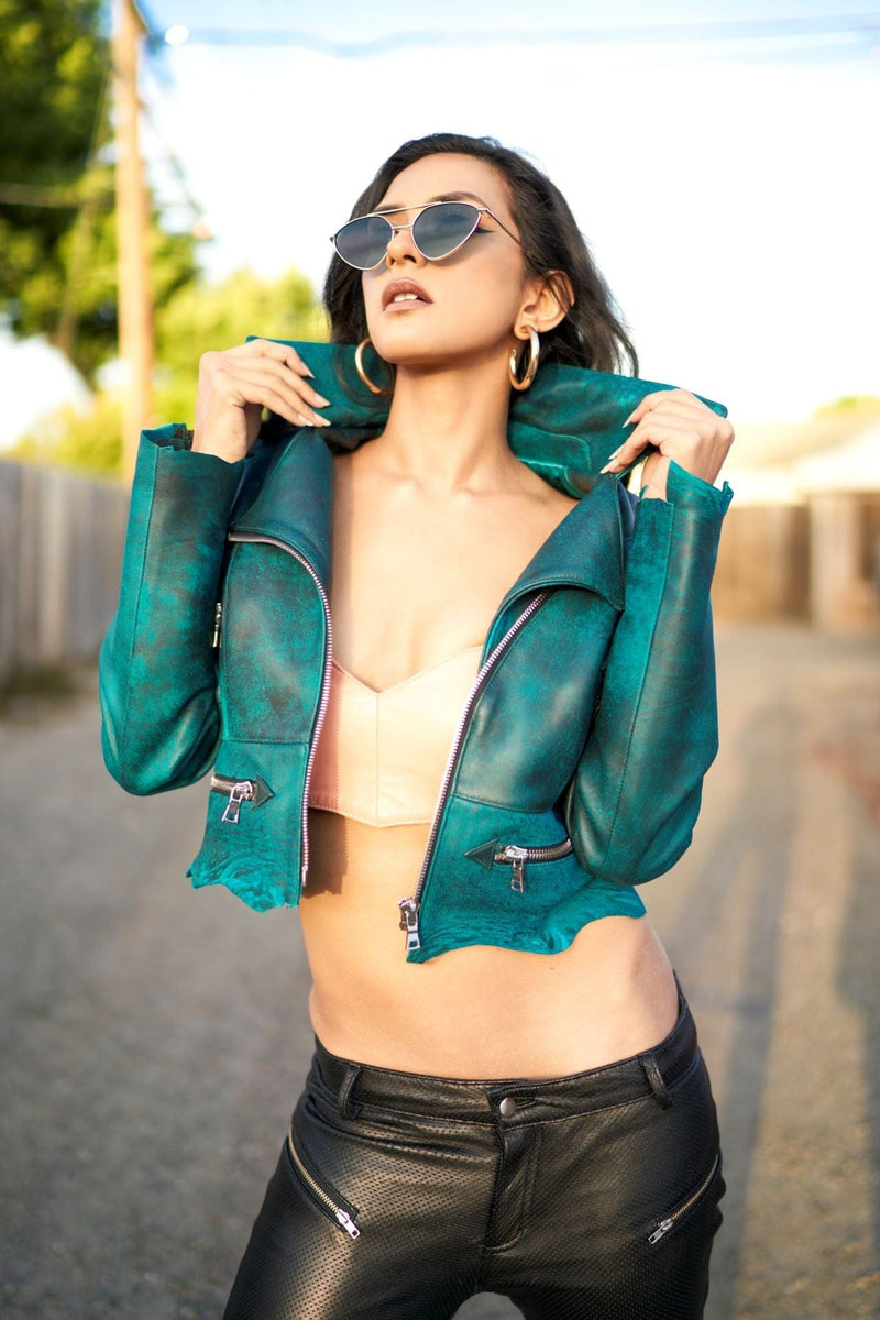 Teal hot sale leather jacket