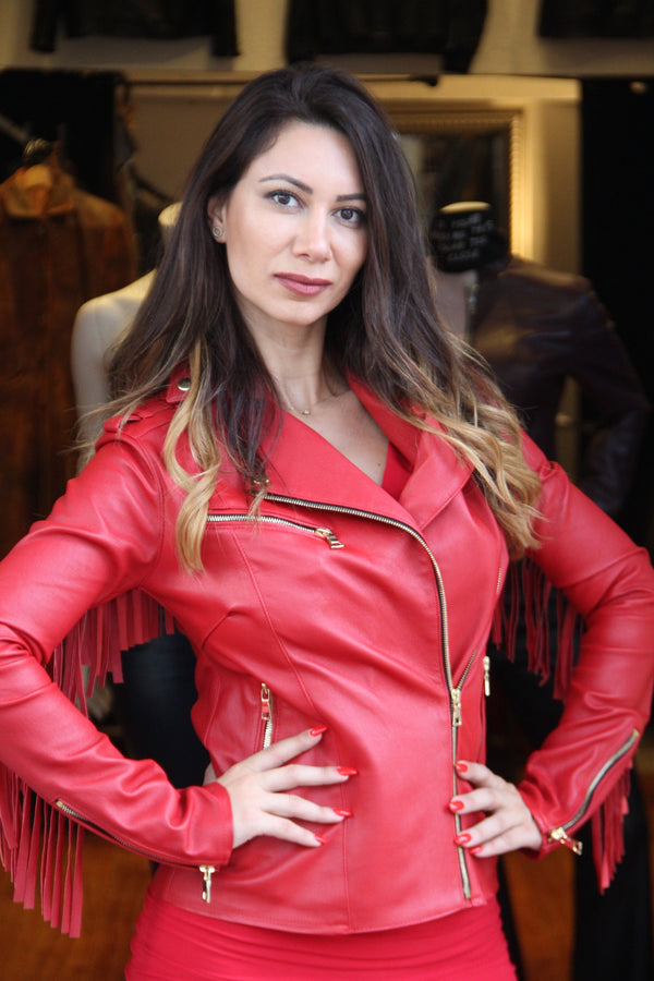 Chaqueta de cuero elástico con flecos de Nashville en color rojo