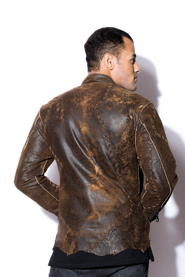 Brown Distressed Leather Jacket with Handlace Cross Stitching