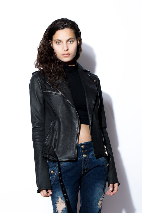 Chaqueta de moto de cuero elástico para mujer