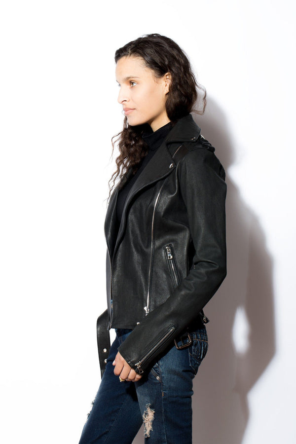 Chaqueta de moto de cuero elástico para mujer