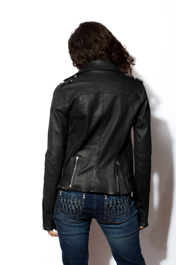 Chaqueta de moto de cuero elástico para mujer