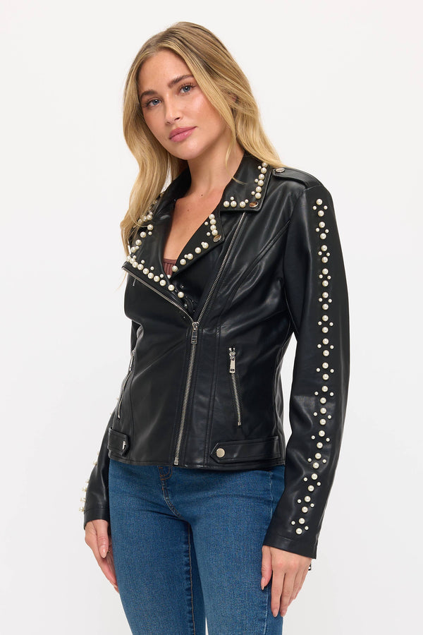 Vegan Leather Pearl Rebel Rose Studded Moto