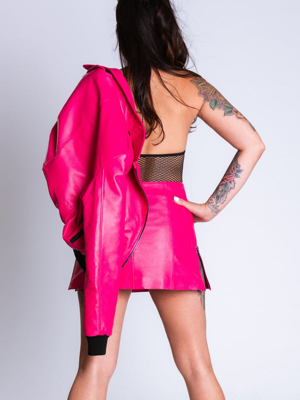 Pink Leather Zipper Mini Skirt with side zippers