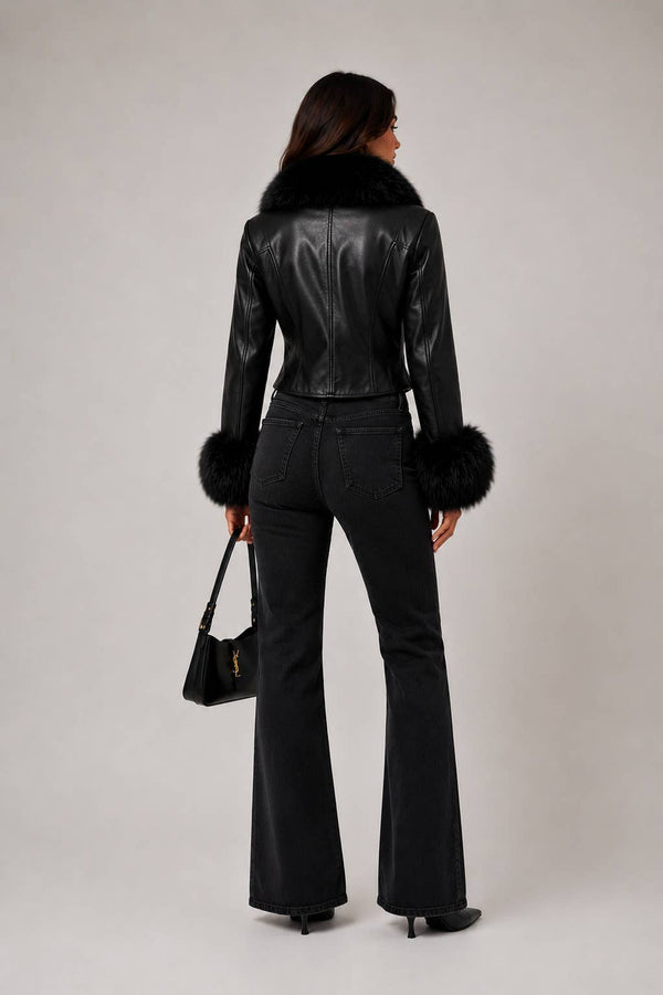 Vegan Leather Zip Front Fur Trim Cropped Jacket