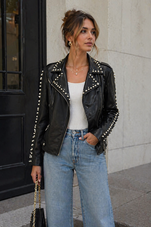 Vegan Leather Pearl Rebel Rose Studded Moto