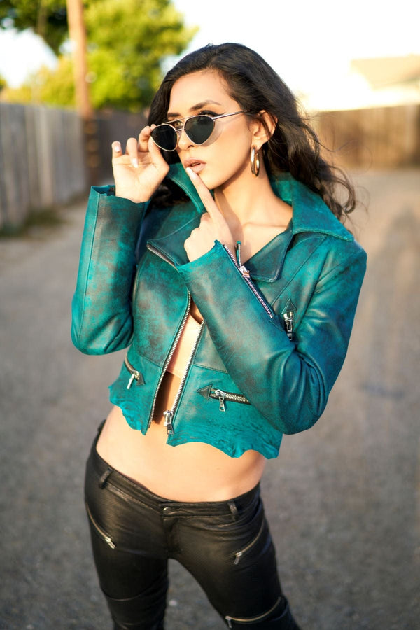 Teal Washed Cropped Motorcycle Jacket