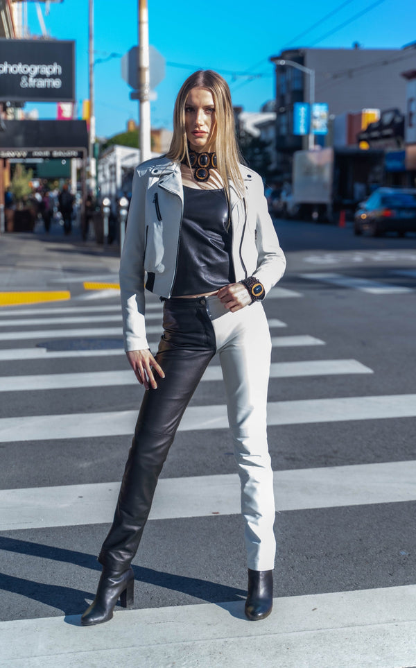 Short White Bomber combo Biker Jacket