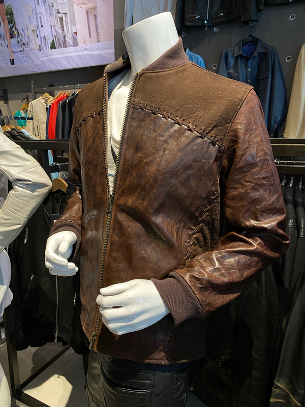 Brown Distressed Leather Jacket with Handlace Cross Stitching