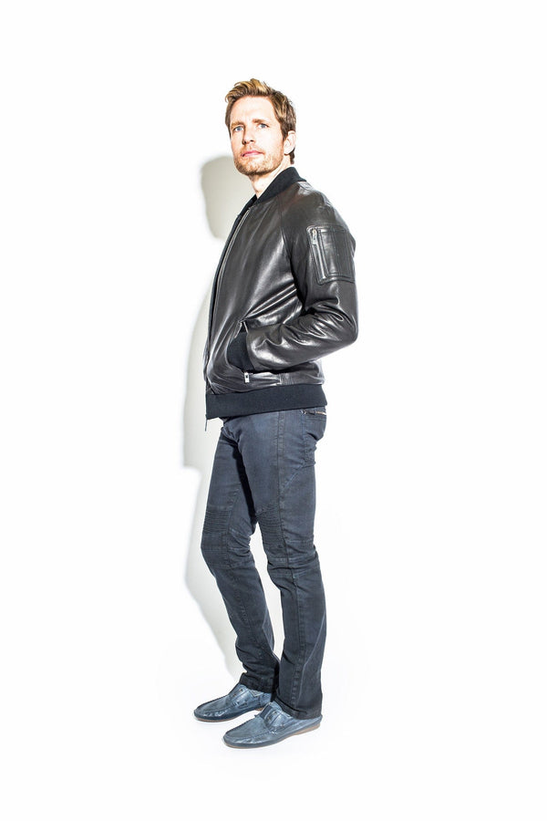 Men's Black Leather Bomber Jacket