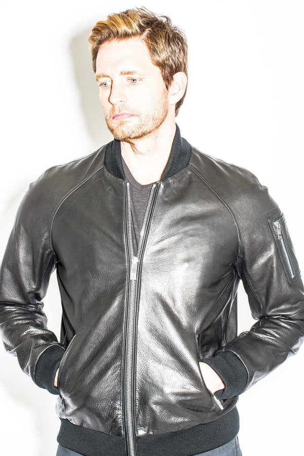 Men's Black Leather Bomber Jacket