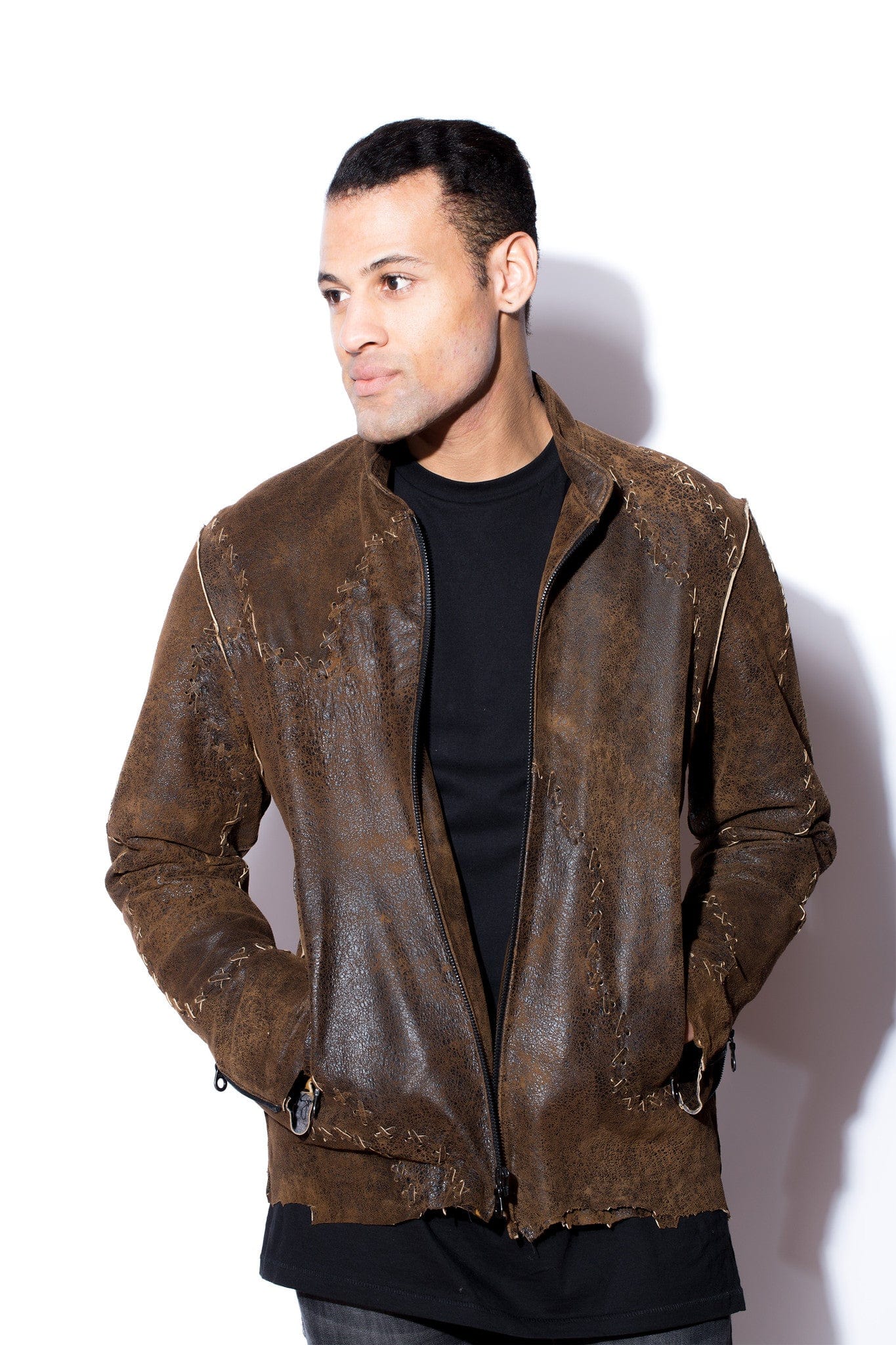 Brown Distressed Leather Jacket with Handlace Cross Stitching – West Coast  Leather