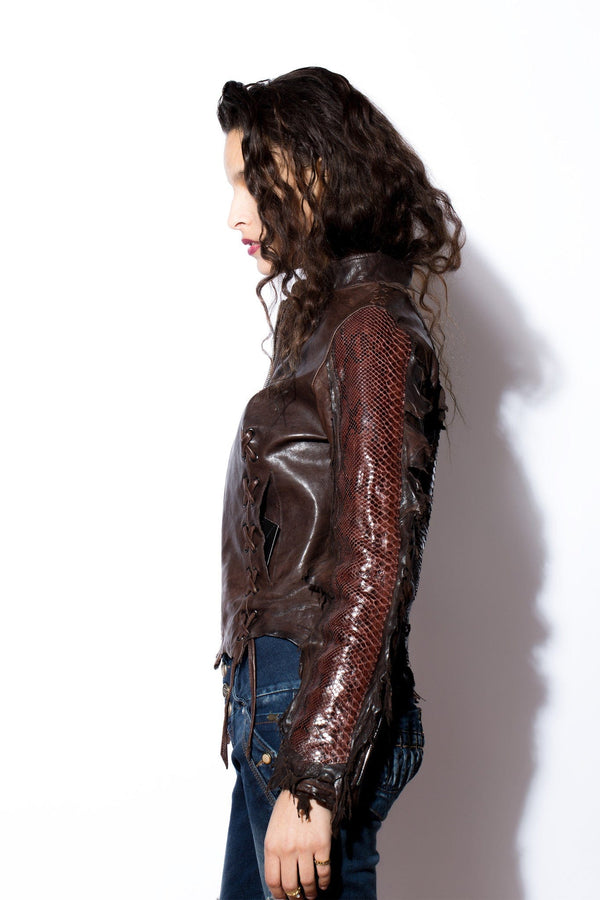 Women's Dark Brown Leather Jacket with Snakeskin Sleeves & Back